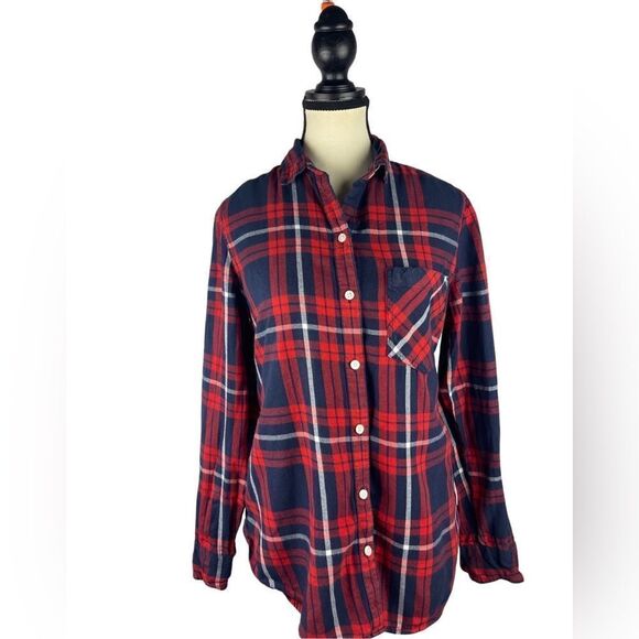 Old Navy red blue flannel classic button down plaid shirt sz M 100% cotton - Picture 5 of 11